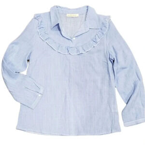 La P'tite Etoile Paris Blue Linen Railroad Stripe Ruffle Blouse 2